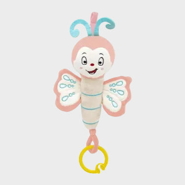A colorful plush baby butterfly toy with a smiling face and vibrating function, designed for infant play.